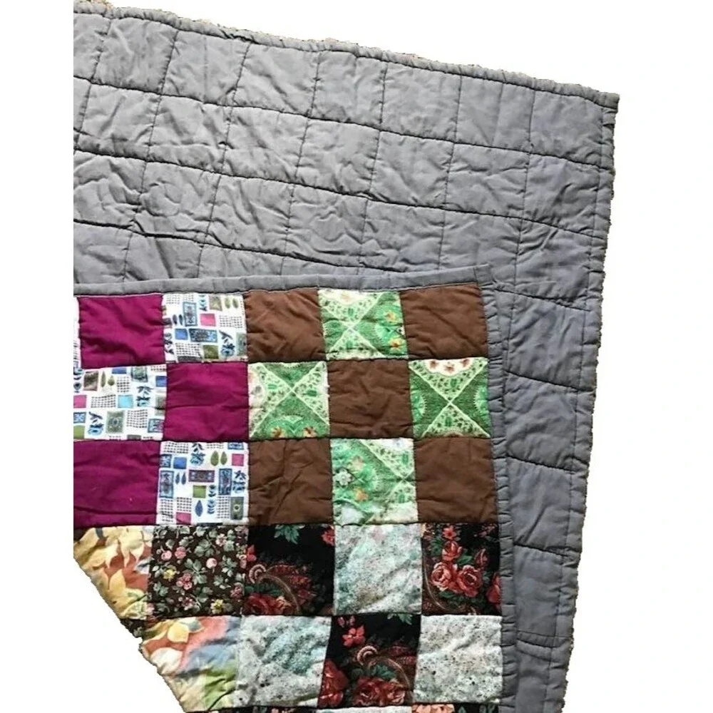 Patchwork Pieced Handmade Lap Throw Cutter Quilt Vtg 9 Block Patch Cotton Scraps